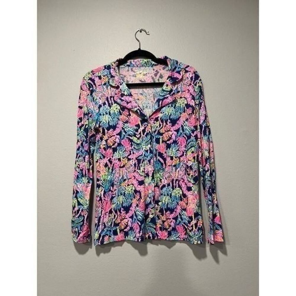 LILLY PULITZER PJ Knit LS Button Up Top Sm Oyster Bay Navy‎ Seen & Herd Knit
